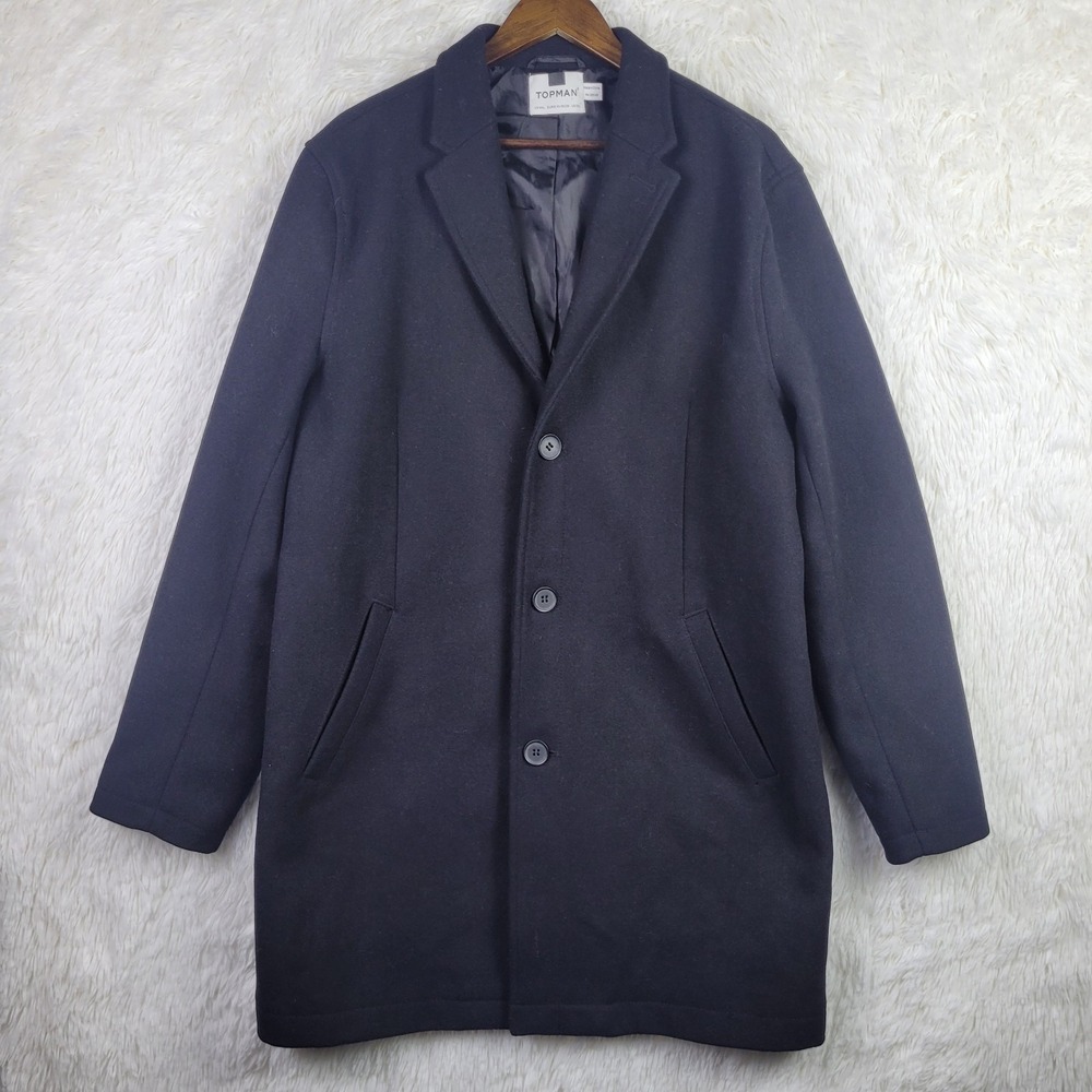 Topman Mens 2XL Black Tweed Wool Blend Overcoat Quiet Luxury Classic